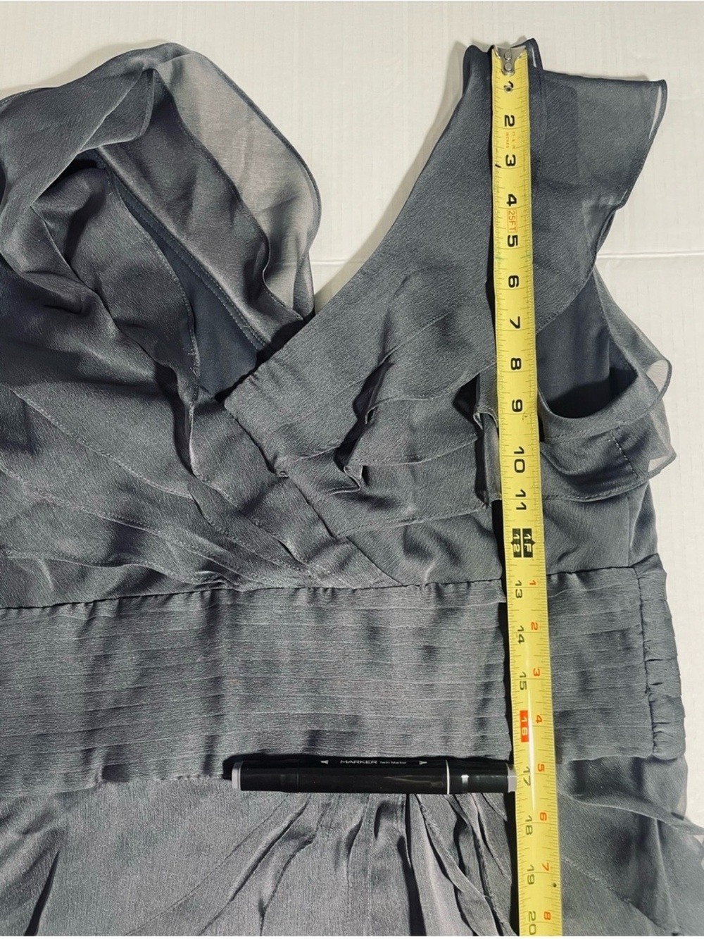 Adrianna Papell Iridescent Chiffon Tiered Ruffle Maxi Gown Charcoal Gray 14 - Picture 8 of 9